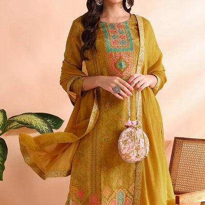Mustard Yellow Silk Blend Abstract Woven Design Straight Trouser Bottom Suit Set PKSKD2583