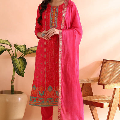 Pink Chanderi Silk Ethnic Motifs Woven Design Straight Trouser Bottom Suit Set PKSKD2584