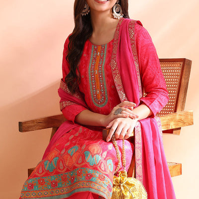 Pink Chanderi Silk Ethnic Motifs Woven Design Straight Trouser Bottom Suit Set PKSKD2584