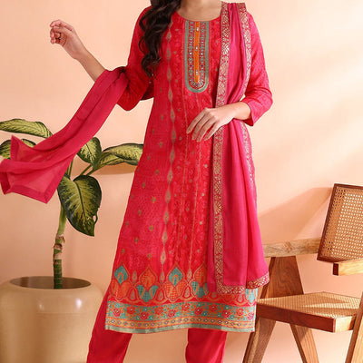 Pink Chanderi Silk Ethnic Motifs Woven Design Straight Trouser Bottom Suit Set PKSKD2584