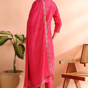Pink Chanderi Silk Ethnic Motifs Woven Design Straight Trouser Bottom Suit Set PKSKD2584
