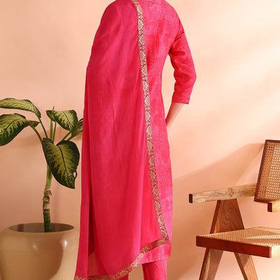 Pink Chanderi Silk Ethnic Motifs Woven Design Straight Trouser Bottom Suit Set PKSKD2584