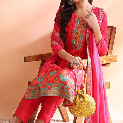 Pink Chanderi Silk Ethnic Motifs Woven Design Straight Trouser Bottom Suit Set PKSKD2584