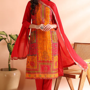 Red Chanderi Silk Ethnic Motifs Woven Design Straight Trouser Bottom Suit Set PKSKD2585