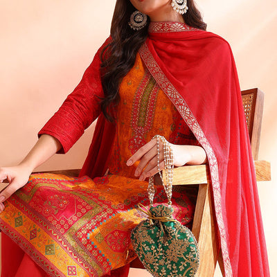 Red Chanderi Silk Ethnic Motifs Woven Design Straight Trouser Bottom Suit Set PKSKD2585