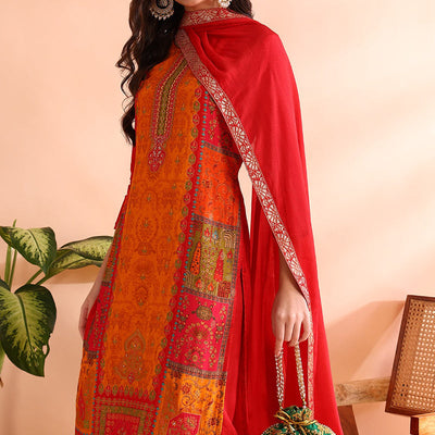 Red Chanderi Silk Ethnic Motifs Woven Design Straight Trouser Bottom Suit Set PKSKD2585