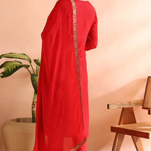 Red Chanderi Silk Ethnic Motifs Woven Design Straight Trouser Bottom Suit Set PKSKD2585