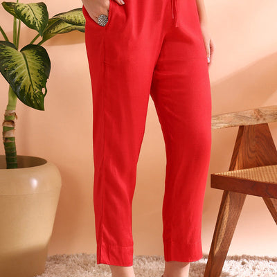 Red Chanderi Silk Ethnic Motifs Woven Design Straight Trouser Bottom Suit Set PKSKD2585