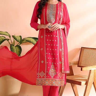 Pink Organza Ethnic Motifs Hand Work Woven Design Straight Trouser Bottom Suit Set PKSKD2587