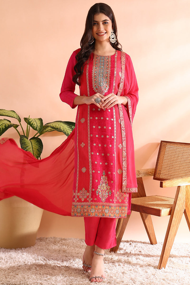 Pink Organza Ethnic Motifs Hand Work Woven Design Straight Trouser Bottom Suit Set PKSKD2587