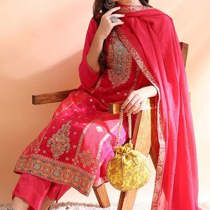 Pink Organza Ethnic Motifs Hand Work Woven Design Straight Trouser Bottom Suit Set PKSKD2587