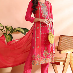Pink Organza Ethnic Motifs Hand Work Woven Design Straight Trouser Bottom Suit Set PKSKD2587