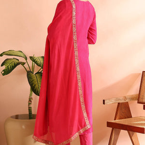Pink Organza Ethnic Motifs Hand Work Woven Design Straight Trouser Bottom Suit Set PKSKD2587