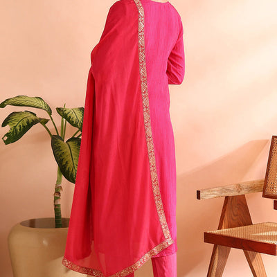 Pink Organza Ethnic Motifs Hand Work Woven Design Straight Trouser Bottom Suit Set PKSKD2587