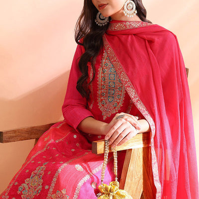 Pink Organza Ethnic Motifs Hand Work Woven Design Straight Trouser Bottom Suit Set PKSKD2587