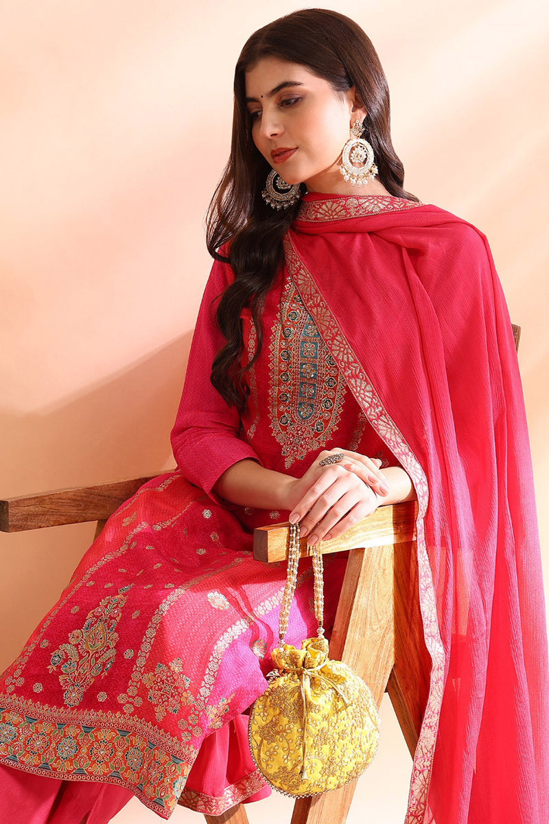 Pink Organza Ethnic Motifs Hand Work Woven Design Straight Trouser Bottom Suit Set PKSKD2587