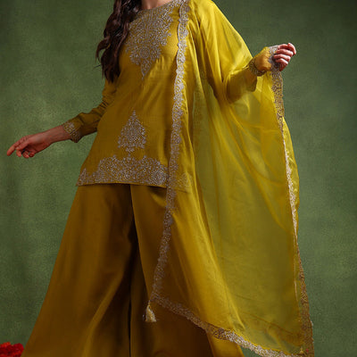 Lime Green Silk Blend Embroidered Straight Palazzo Suit Set PKSKD2609