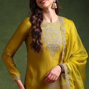 Lime Green Silk Blend Embroidered Straight Palazzo Suit Set PKSKD2609
