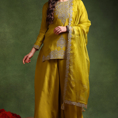 Lime Green Silk Blend Embroidered Straight Palazzo Suit Set PKSKD2609