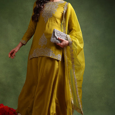 Lime Green Silk Blend Embroidered Straight Palazzo Suit Set PKSKD2609