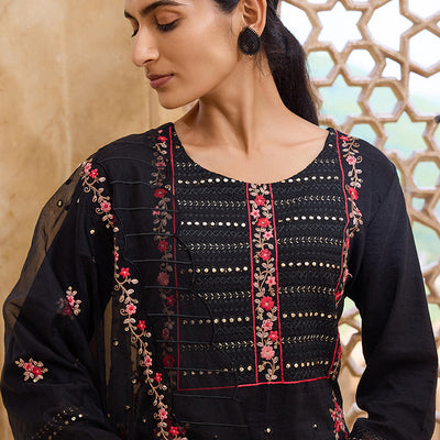 Black Silk Blend Solid Embroidered Straight Trouser Bottom Suit Set PKSKD2630