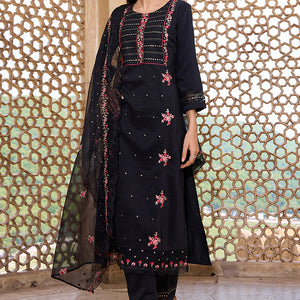 Black Silk Blend Solid Embroidered Straight Trouser Bottom Suit Set PKSKD2630