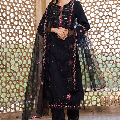 Black Silk Blend Solid Embroidered Straight Trouser Bottom Suit Set PKSKD2630