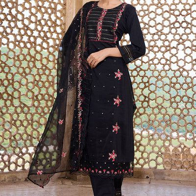 Black Silk Blend Solid Embroidered Straight Trouser Bottom Suit Set PKSKD2630