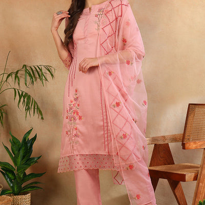 Pink Silk Blend Solid Embroidered Straight Trouser Suit Set PKSKD2631