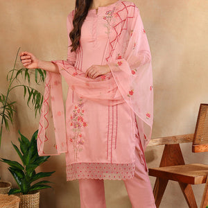 Pink Silk Blend Solid Embroidered Straight Trouser Suit Set PKSKD2631