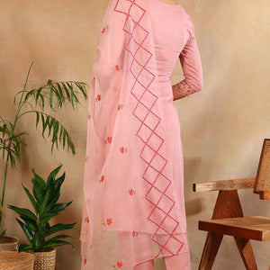 Pink Silk Blend Solid Embroidered Straight Trouser Suit Set PKSKD2631