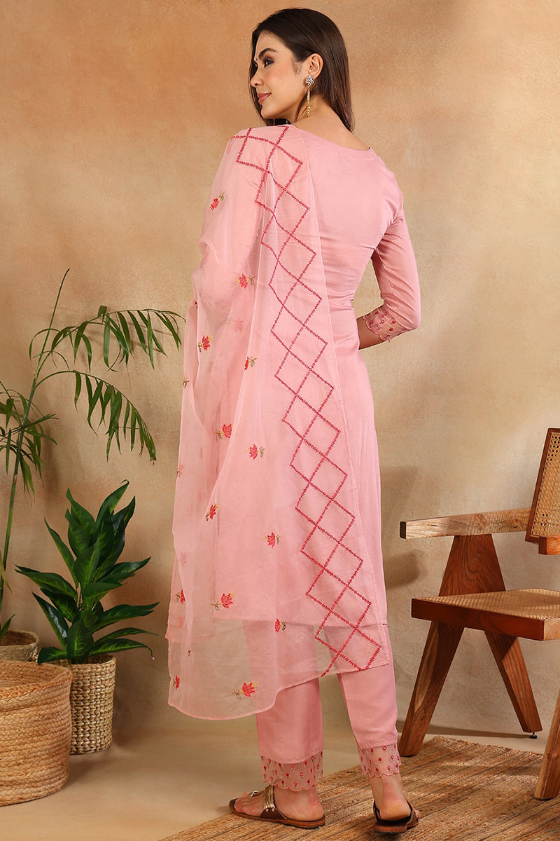 Pink Silk Blend Solid Embroidered Straight Trouser Suit Set PKSKD2631