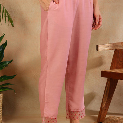 Pink Silk Blend Solid Embroidered Straight Trouser Suit Set PKSKD2631