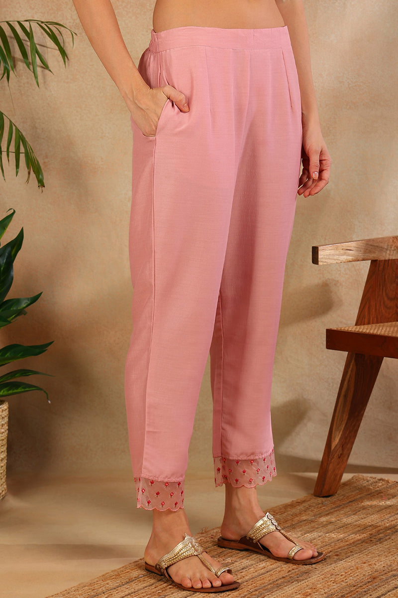 Pink Silk Blend Solid Embroidered Straight Trouser Suit Set PKSKD2631