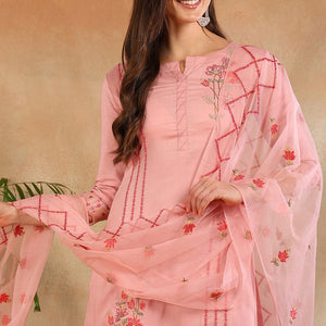 Pink Silk Blend Solid Embroidered Straight Trouser Suit Set PKSKD2631