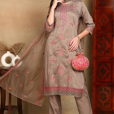 Brown Silk Blend Solid Embroidered Straight Trouser Bottom Suit Set PKSKD2633