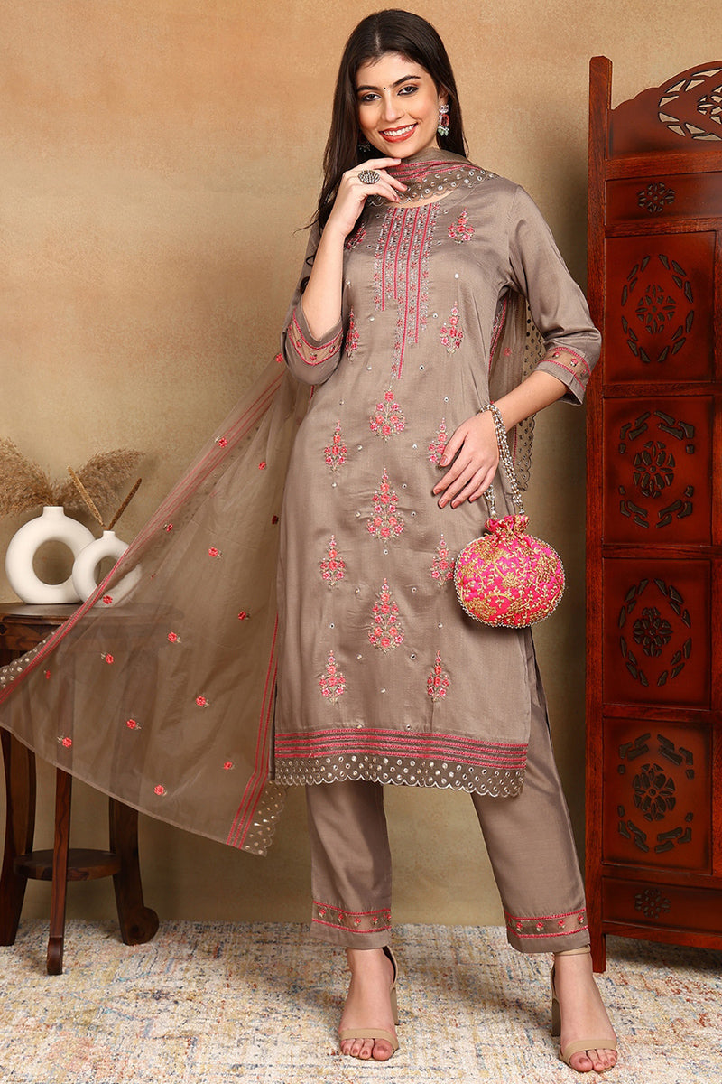 Brown Silk Blend Solid Embroidered Straight Trouser Bottom Suit Set PKSKD2633