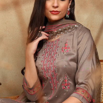 Brown Silk Blend Solid Embroidered Straight Trouser Bottom Suit Set PKSKD2633