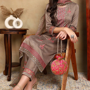 Brown Silk Blend Solid Embroidered Straight Trouser Bottom Suit Set PKSKD2633