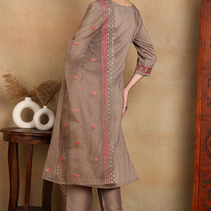 Brown Silk Blend Solid Embroidered Straight Trouser Bottom Suit Set PKSKD2633