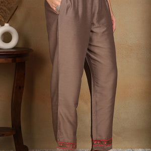 Brown Silk Blend Solid Embroidered Straight Trouser Bottom Suit Set PKSKD2633