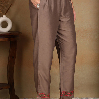 Brown Silk Blend Solid Embroidered Straight Trouser Bottom Suit Set PKSKD2633