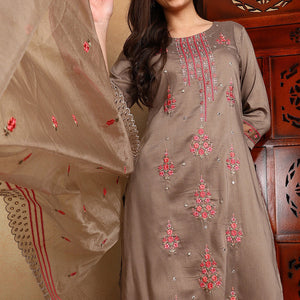 Brown Silk Blend Solid Embroidered Straight Trouser Bottom Suit Set PKSKD2633