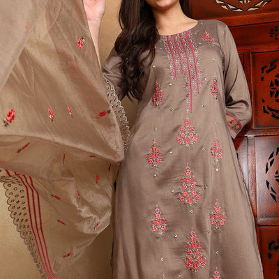 Brown Silk Blend Solid Embroidered Straight Trouser Bottom Suit Set PKSKD2633