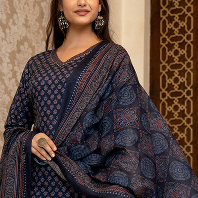 Navy Blue Rayon Blend Ajrakh Printed Straight Trouser Suit Set PKSKD2647