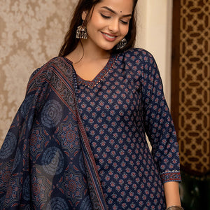 Navy Blue Rayon Blend Ajrakh Printed Straight Trouser Suit Set PKSKD2647
