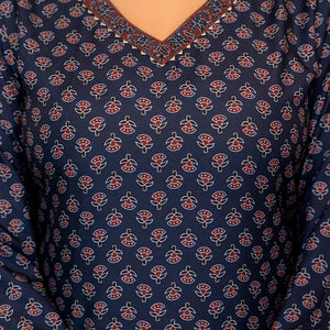 Navy Blue Rayon Blend Ajrakh Printed Straight Trouser Suit Set PKSKD2647