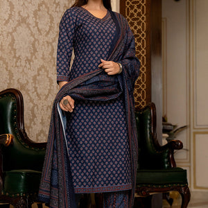 Navy Blue Rayon Blend Ajrakh Printed Straight Trouser Suit Set PKSKD2647