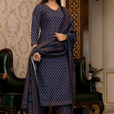 Navy Blue Rayon Blend Ajrakh Printed Straight Trouser Suit Set PKSKD2647