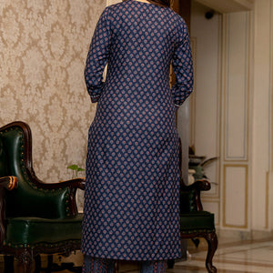Navy Blue Rayon Blend Ajrakh Printed Straight Trouser Suit Set PKSKD2647